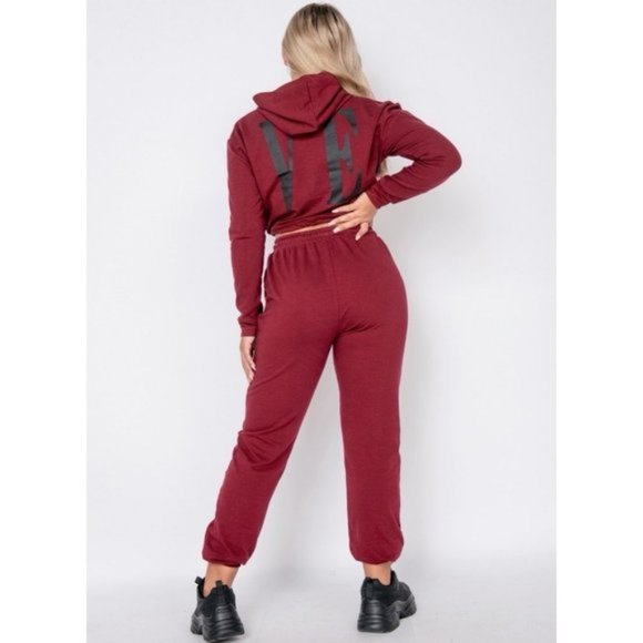 Burgundy Love Print Long Sleeve Hooded Crop Top and Joggers Pants Two Piece Set - Picture 4 of 10